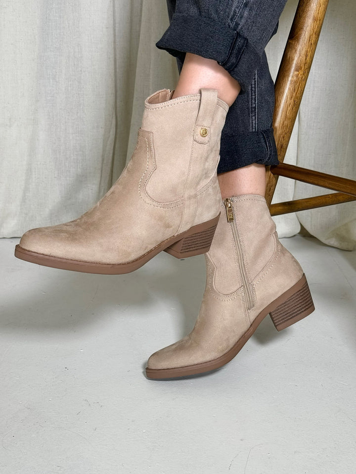 Suede Western Ankle Boot - Beige