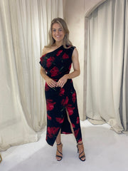 Ariana Asymmetric Midi Dress - Red floral