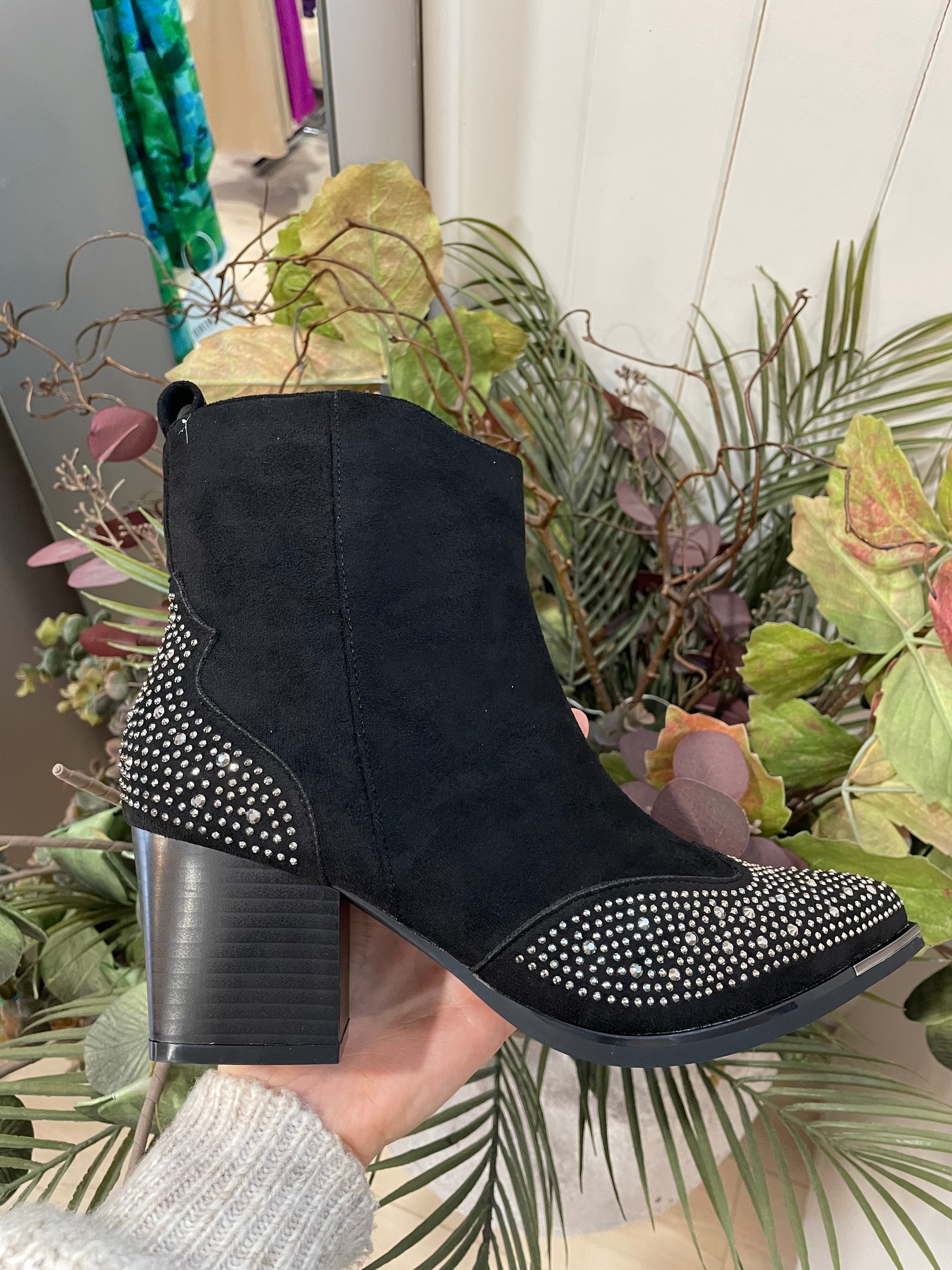 Black ankle boots with 2024 rhinestones