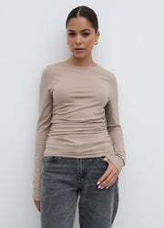 Celia Gathered Jersey Top - Taupe