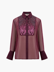 French Connection Hana Adalynn Sequin Bib Shirt - Burgundy Red