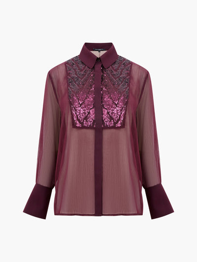 French Connection Hana Adalynn Sequin Bib Shirt - Burgundy Red