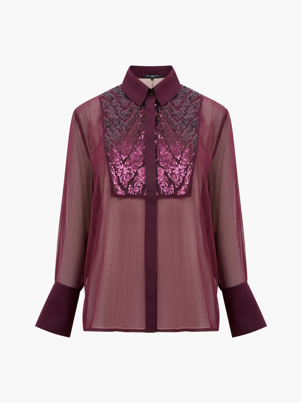 French Connection Hana Adalynn Sequin Bib Shirt - Burgundy Red