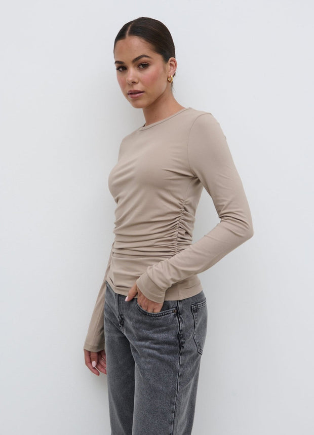 Celia Gathered Jersey Top - Taupe