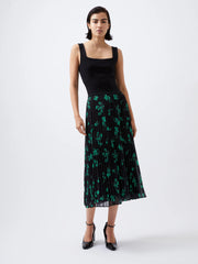 French Connection Allesandra Pleated Skirt - Black/Minted Green