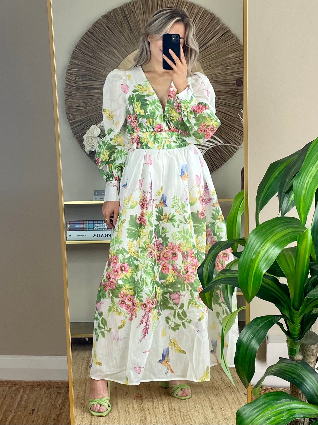 White floral store plunge midi dress