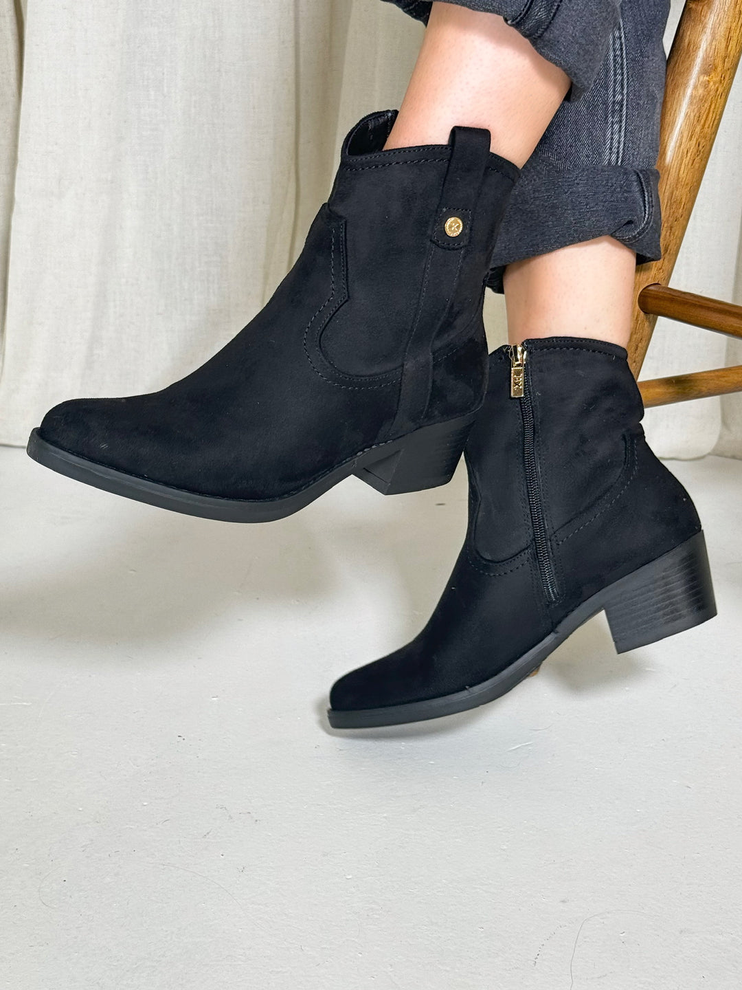 Suede Western Ankle Boot - Black