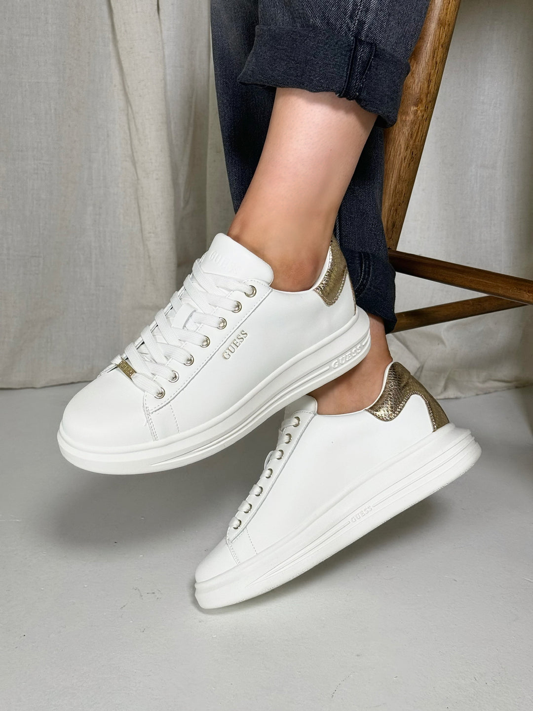 Guess white and gold sneakers best sale