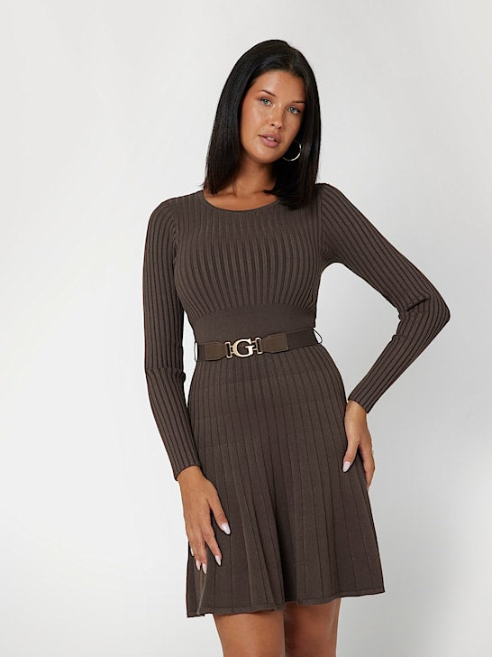 Guess Paige Pleated Mini Sweater Dress - Brown