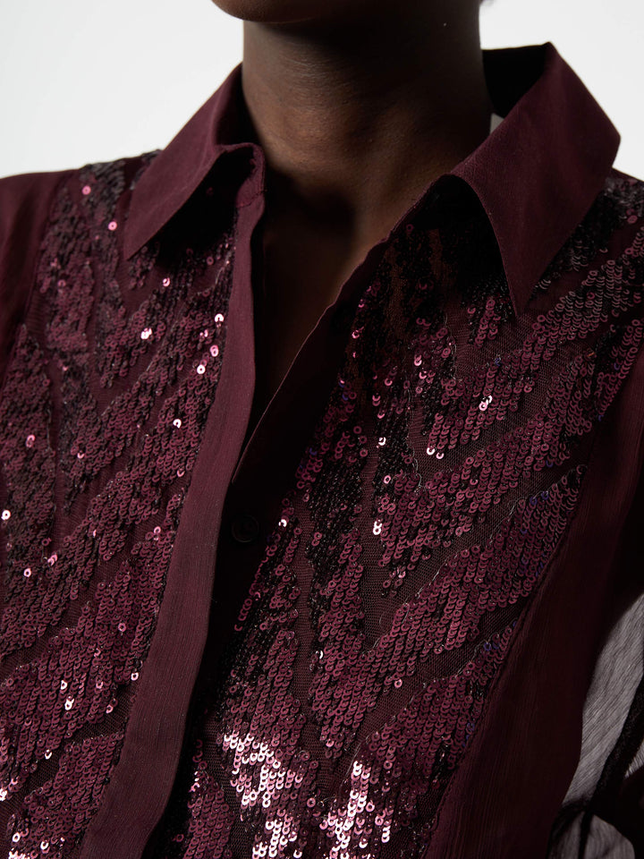 French Connection Hana Adalynn Sequin Bib Shirt - Burgundy Red