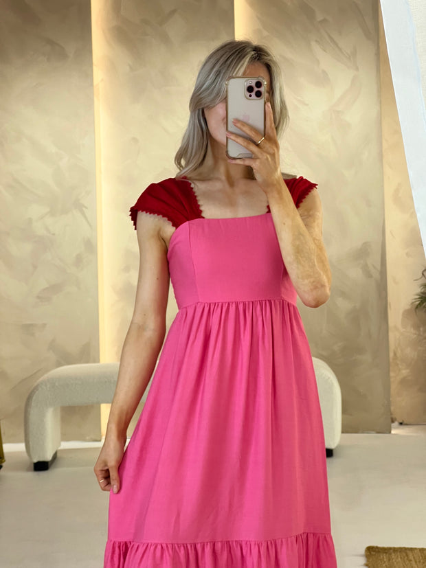 Jenny Colour Block Midi Dress - Pink/Red