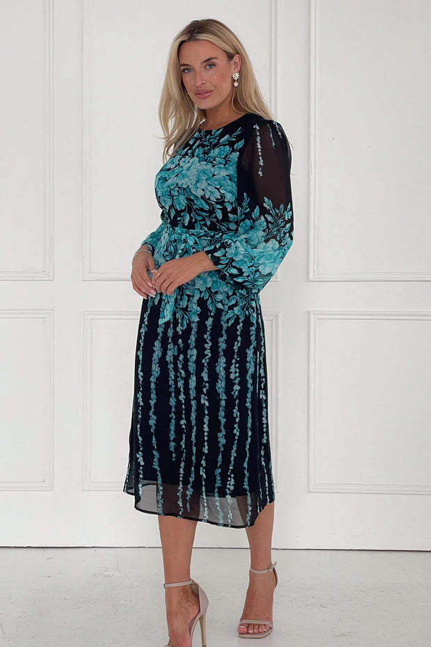 Harlow Floral Belted Long Sleeve Midi Dress- Blue