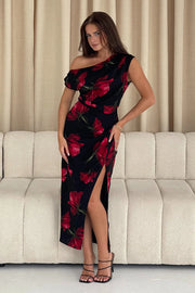 Ariana Asymmetric Midi Dress - Red floral