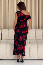 Ariana Asymmetric Midi Dress - Red floral