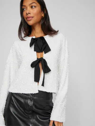 Aria Sequin Bow Top - White