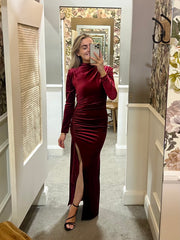 Velvet Thigh Split Maxi Dress - Red