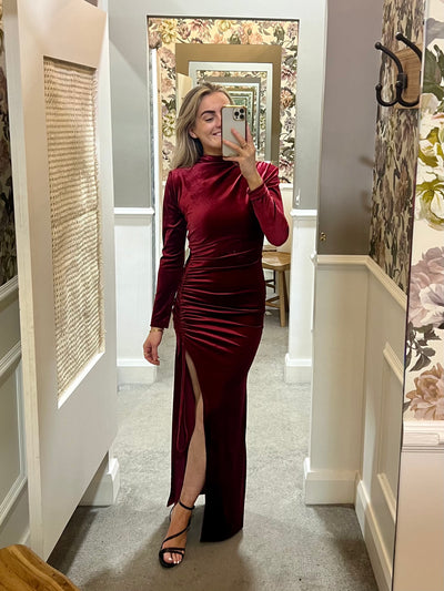 Velvet Thigh Split Maxi Dress - Red