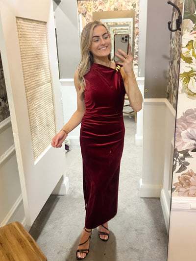 Asymmetric Velvet Midi Dress - Burgundy