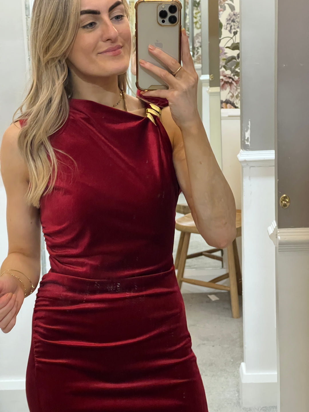 Asymmetric Velvet Midi Dress - Burgundy