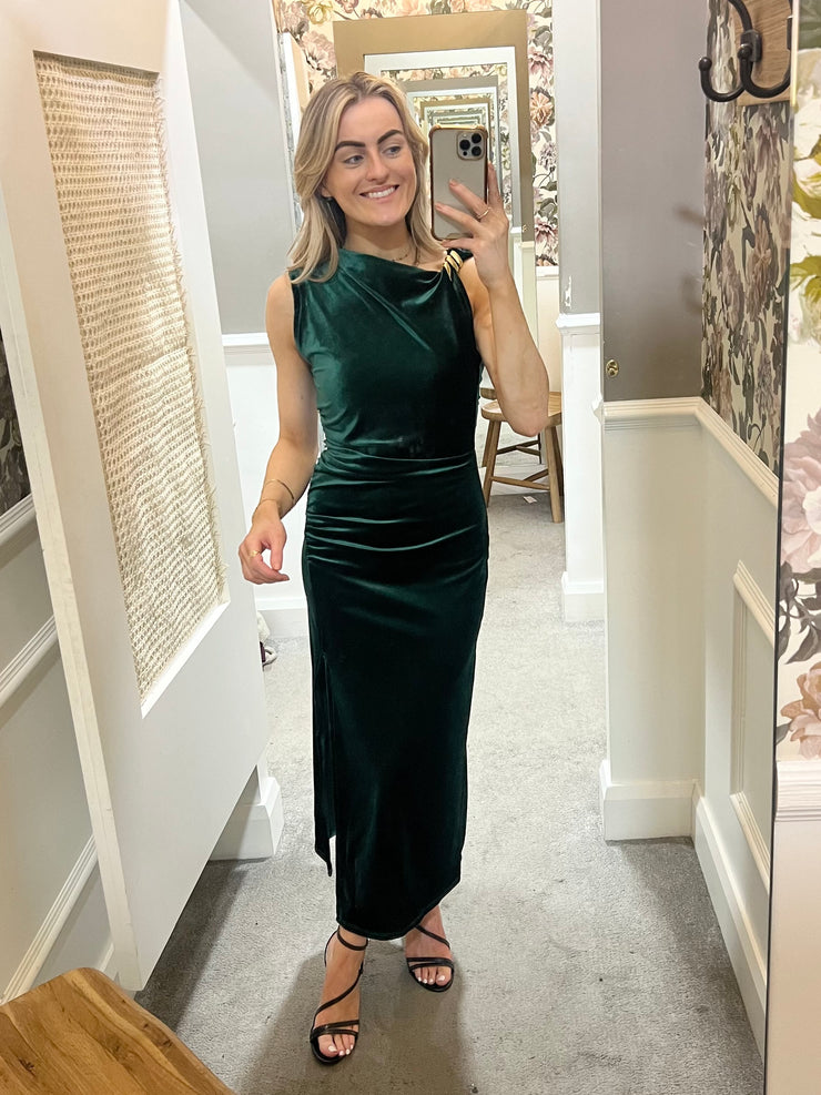 Asymmetric Velvet Midi Dress - Dark Green