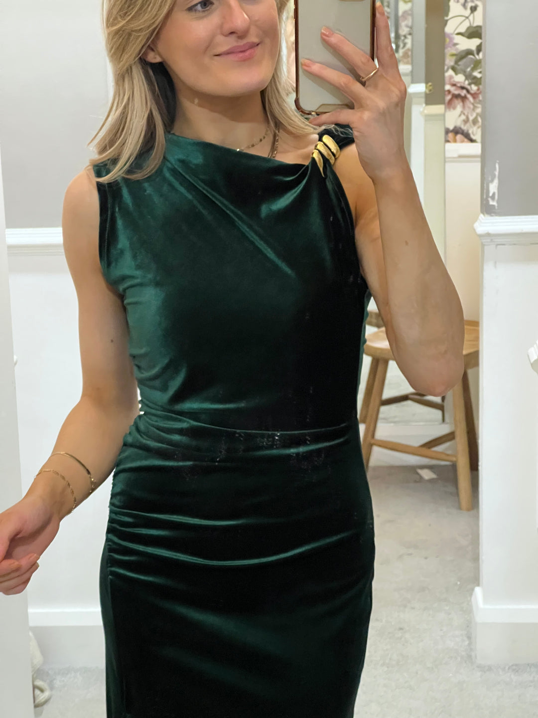 Asymmetric Velvet Midi Dress - Dark Green