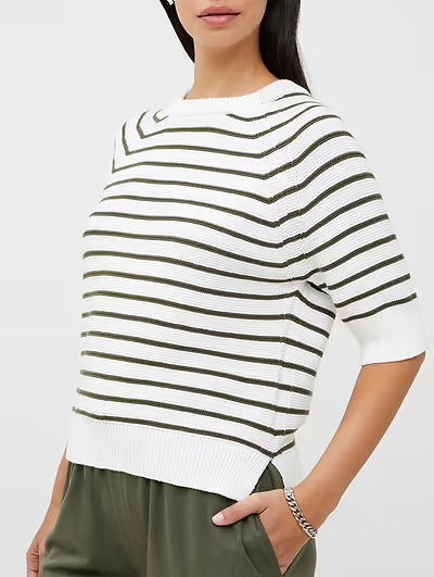 French Connection Lily Mozart Stripe Short Sleeve Jumper - Summer White/Olive