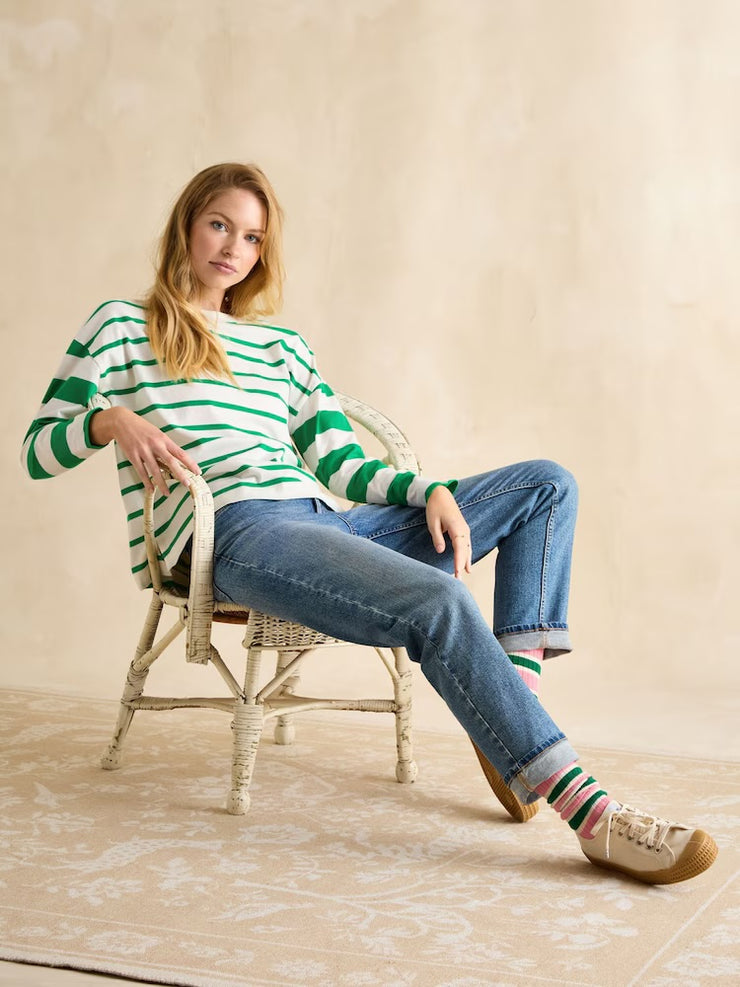 Joules Ellie Long Sleeve Jersey Top - Green/White