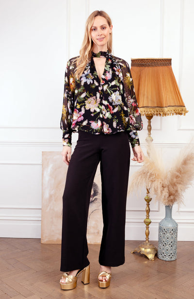 The Juni Mae Keyhole Neck Blouse - Black/Multi