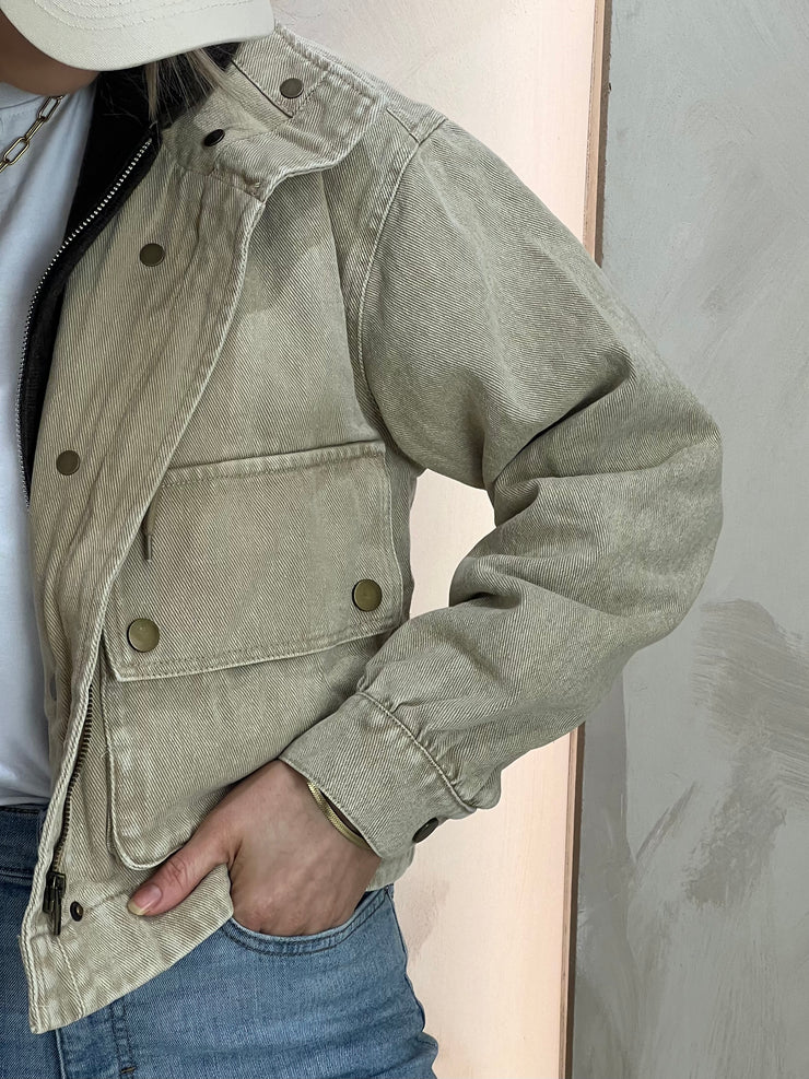 Hooded Denim Jacket - Beige