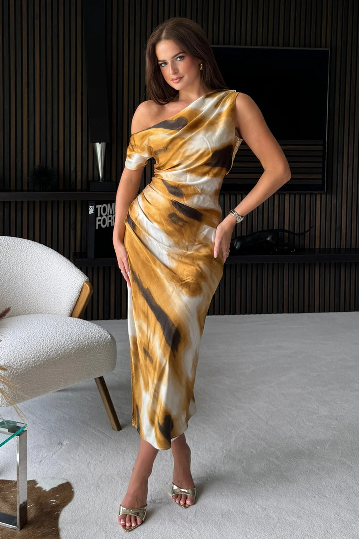 Donna Asymmetric Neckline Gold Print Midi Dress