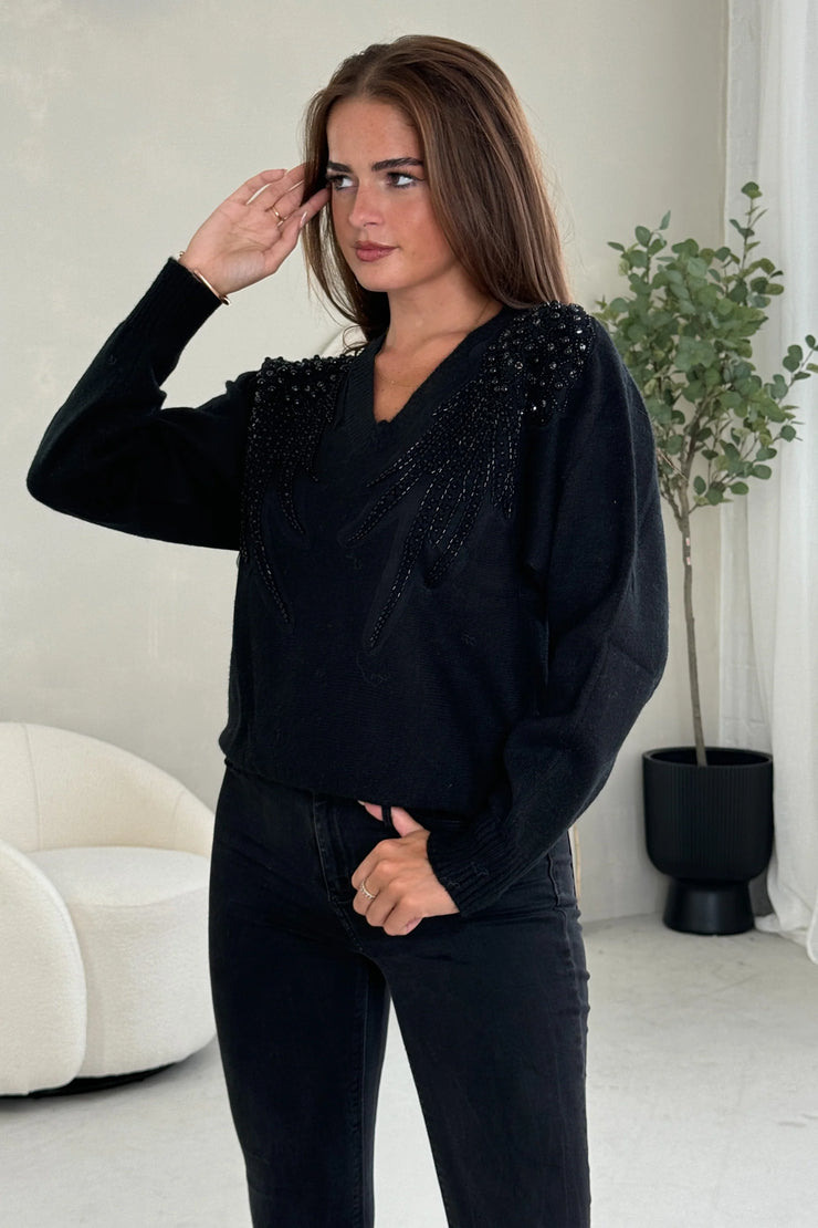 Sia Black Knit with Pearl & Sequin Wing Detail Jumper