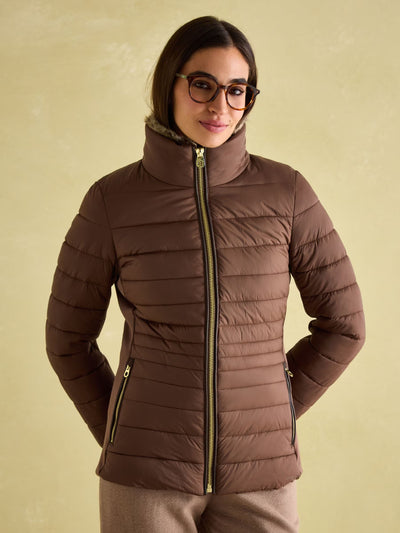 Joules Beckley Padded Showerproof Jacket with Faux Fur Trim - Brown