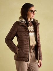 Joules Beckley Padded Showerproof Jacket with Faux Fur Trim - Brown