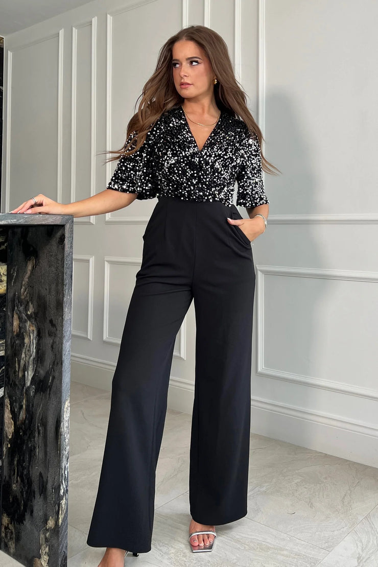 Delphine Silver Sequin Top Wide Leg Jumpsuit