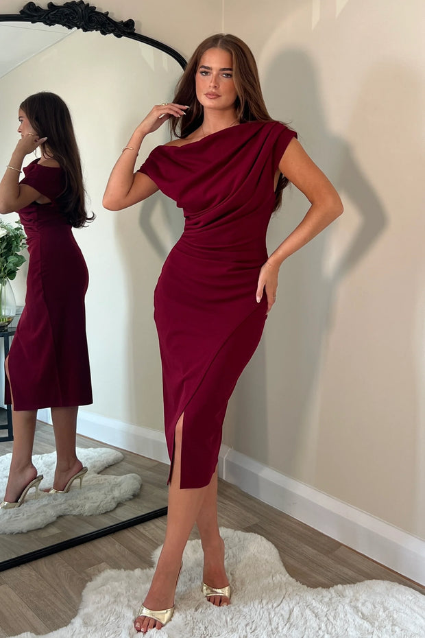 Ariana Asymmetric Midi Dress - Wine