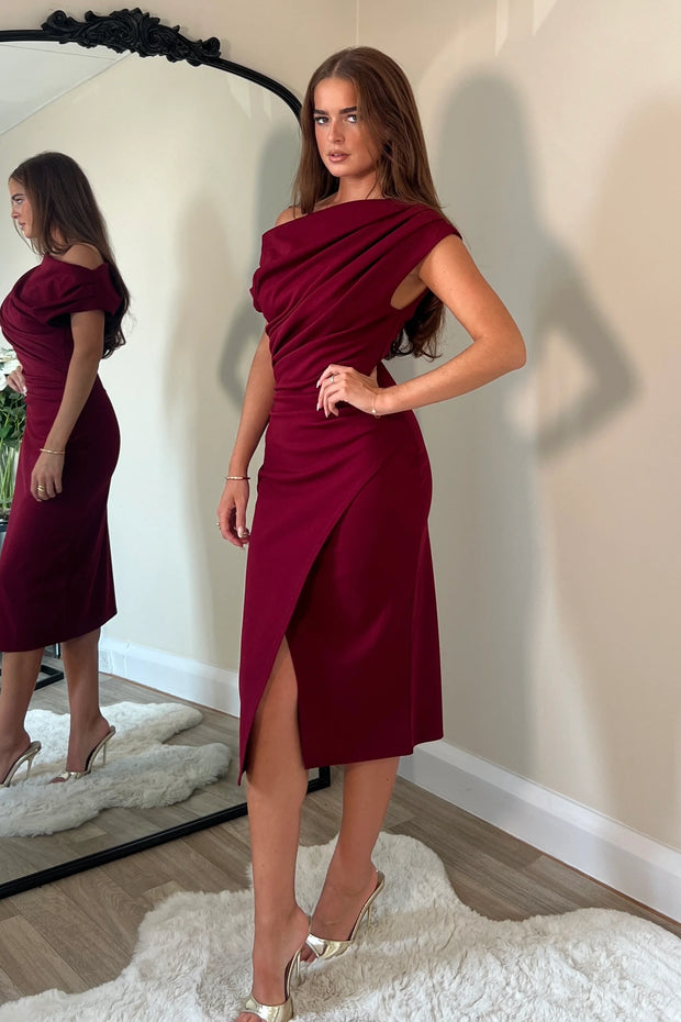 Ariana Asymmetric Midi Dress - Wine