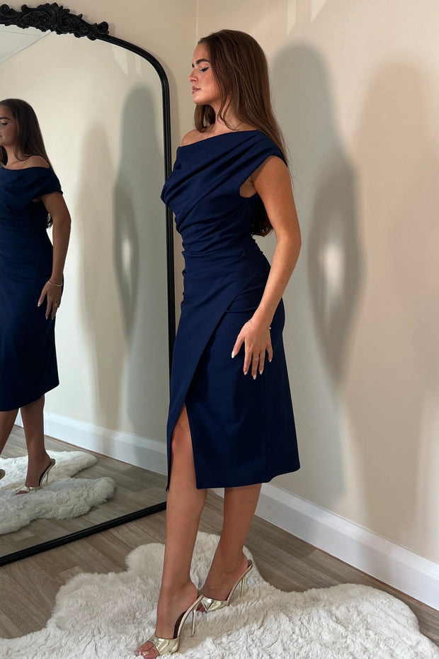 Ariana Asymmetric Midi Dress - Navy