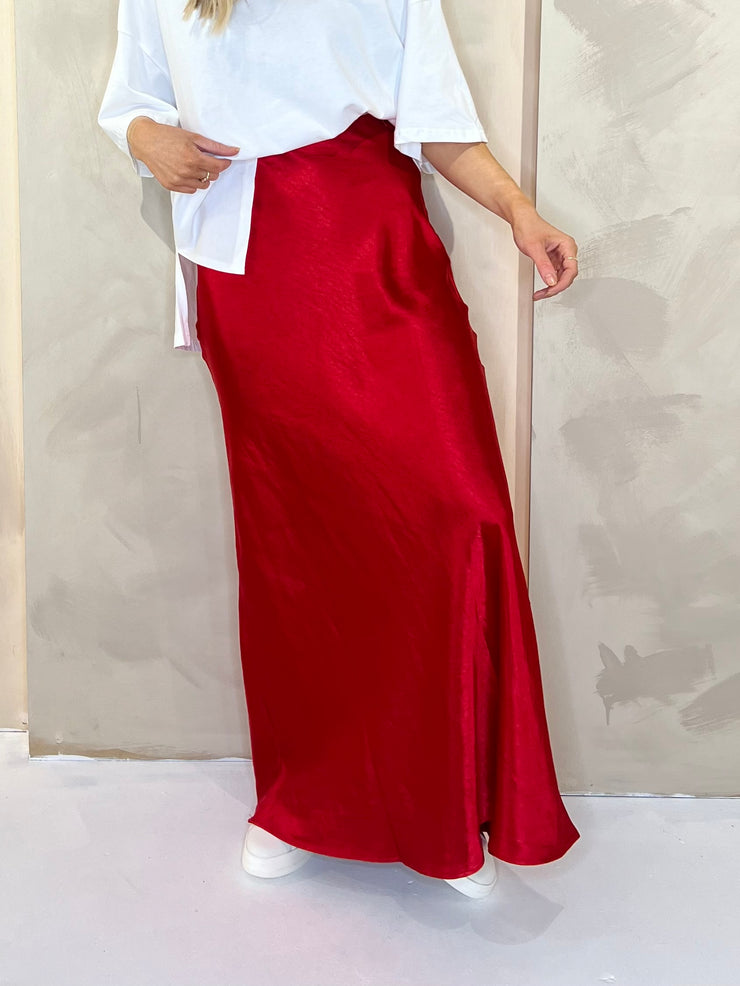 Satin Maxi Skirt - Red