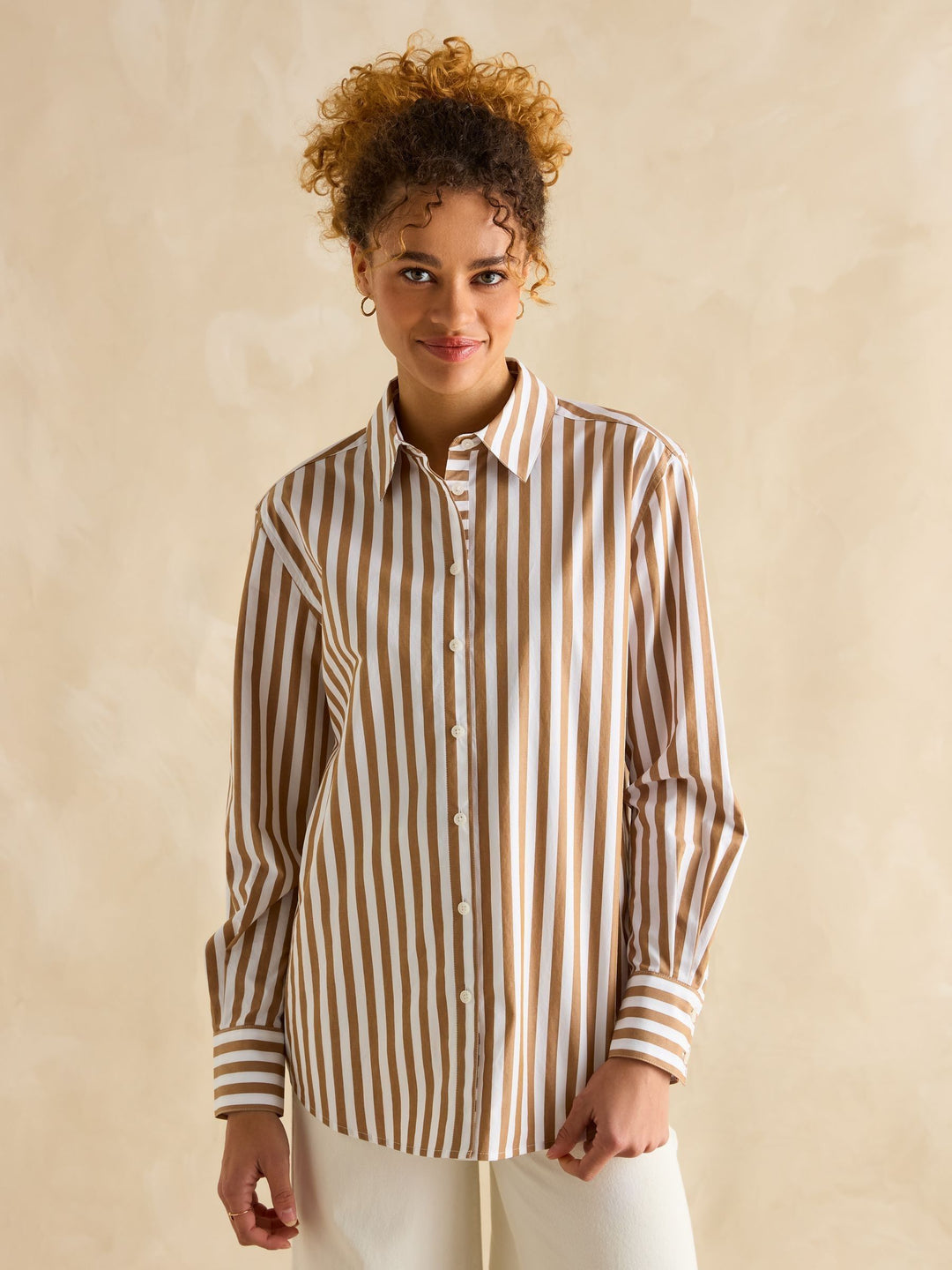 Joules Amilla Longline Relaxed Shirt - Tan & White