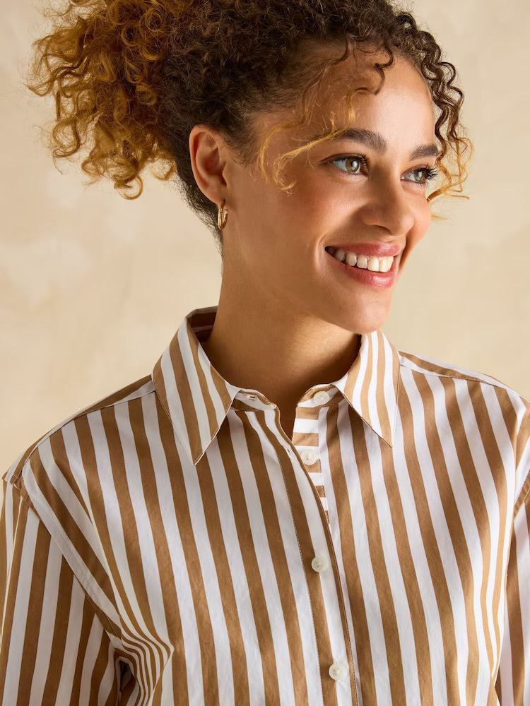 Joules Amilla Longline Relaxed Shirt - Tan & White