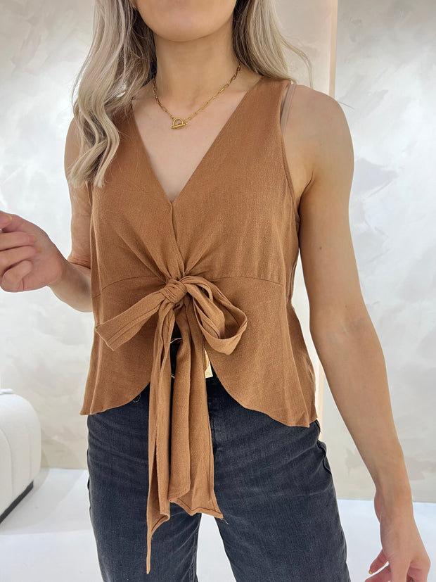 Tie Front Frilled Top- Brown