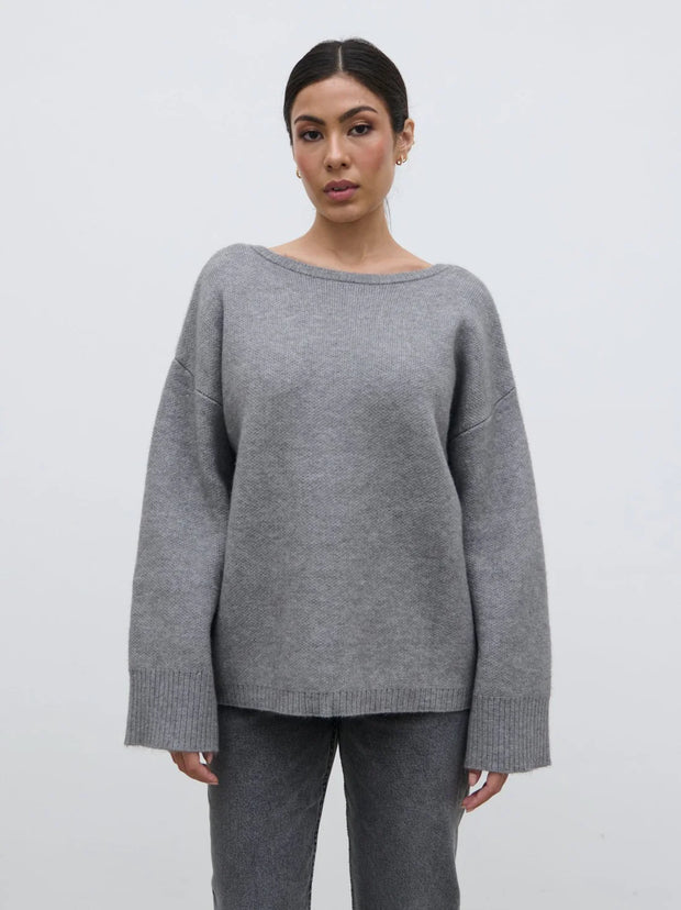 Quinn Slash Neck Knit Jumper - Grey