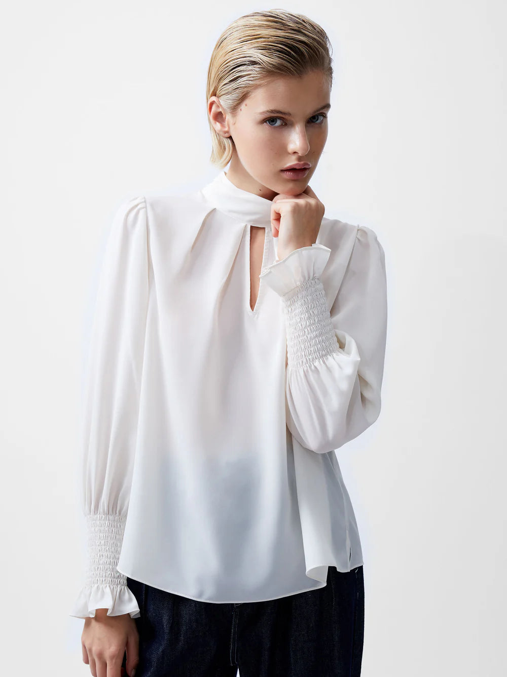 French Connection Crepe Light High Neck Blouse - Cream