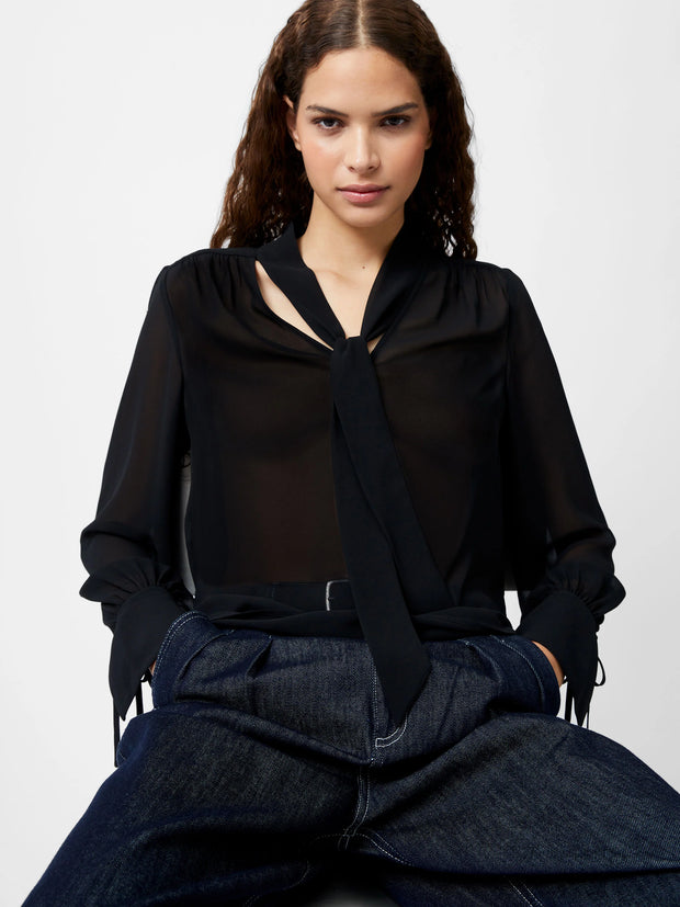 French Connection Eden Long Sleeve Tie-Neck Blouse - Black