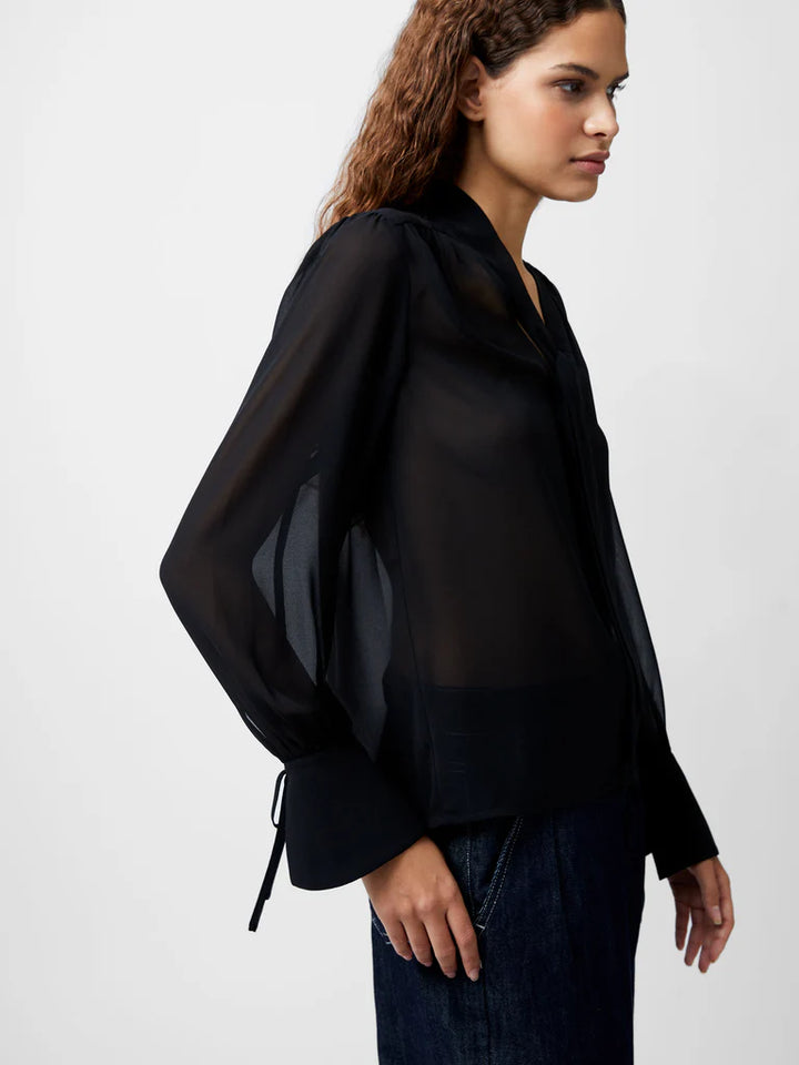 French Connection Eden Long Sleeve Tie-Neck Blouse - Black