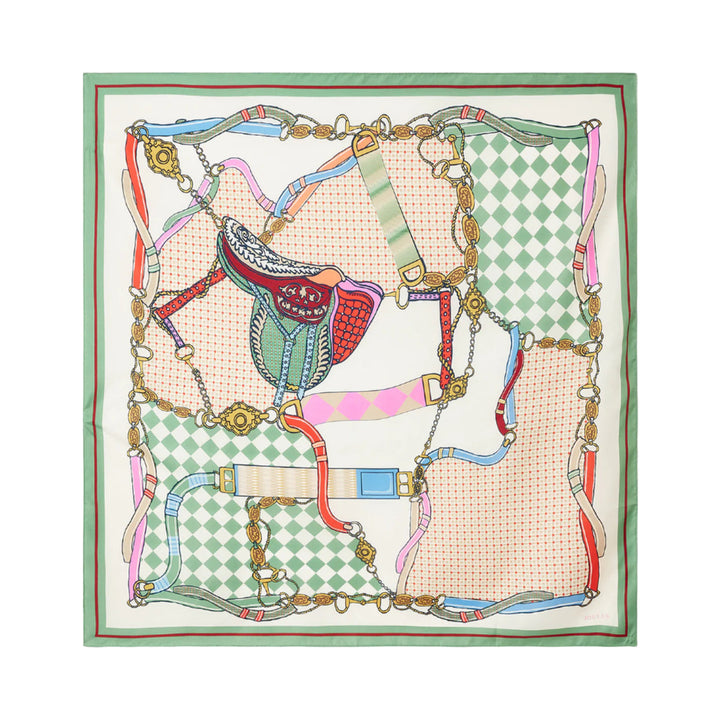 Joules Bloomfield Square Silk Scarf -  Green/Ecru