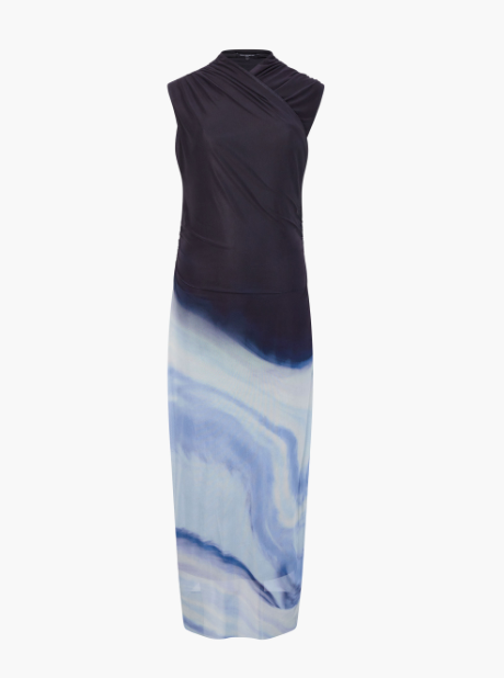 French Connection Toni Wrap Neck Midi Dress - Navy/Sky Blue