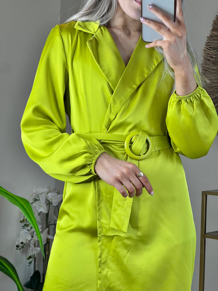 Maisie Satin Dress with Belt - Lime Green