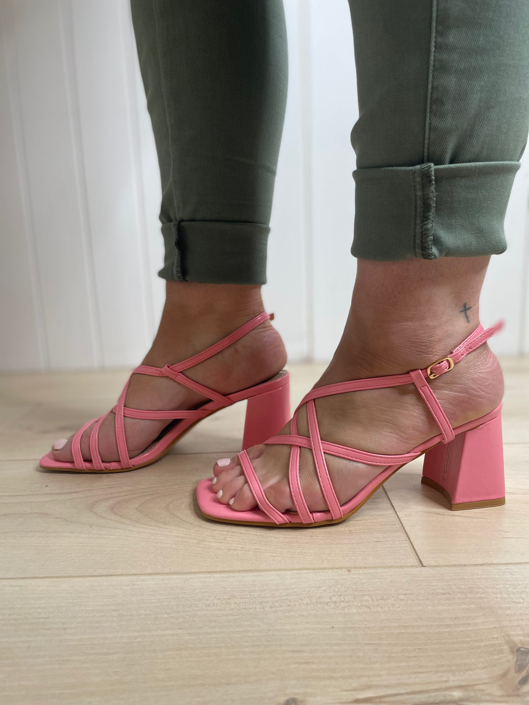 Pink Strappy Block Heels